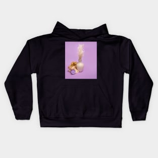 beauty set with  candle, soap and dried flowers  on a violet background Kids Hoodie